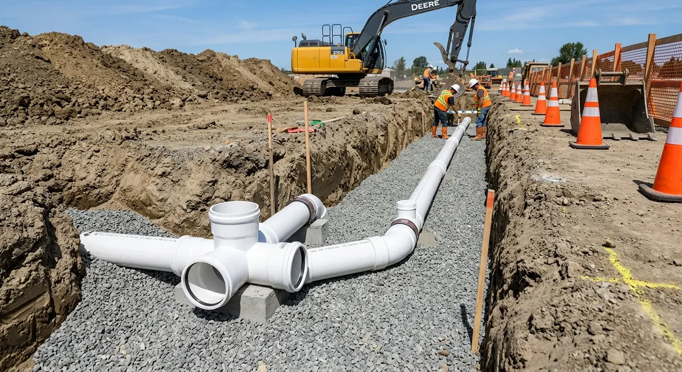 New PVC sewer pipe installation in open trench for Commercial Drain Cleaning in Princeton